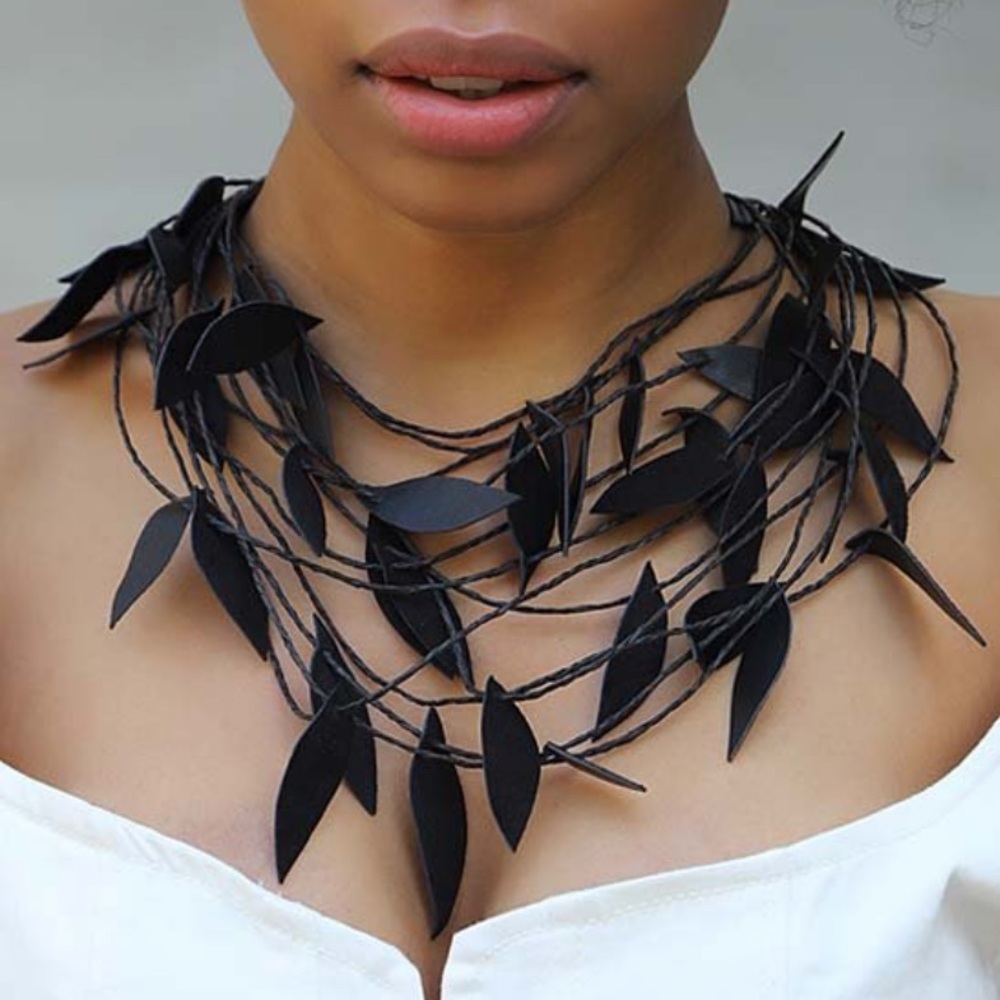 Black Leather Leaves Layered Necklace NWOT